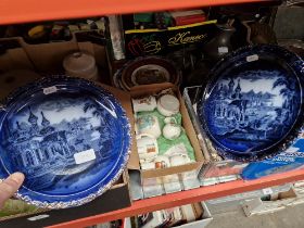 A box of crested ware together with six various plates including a pair of Victorian blue floor