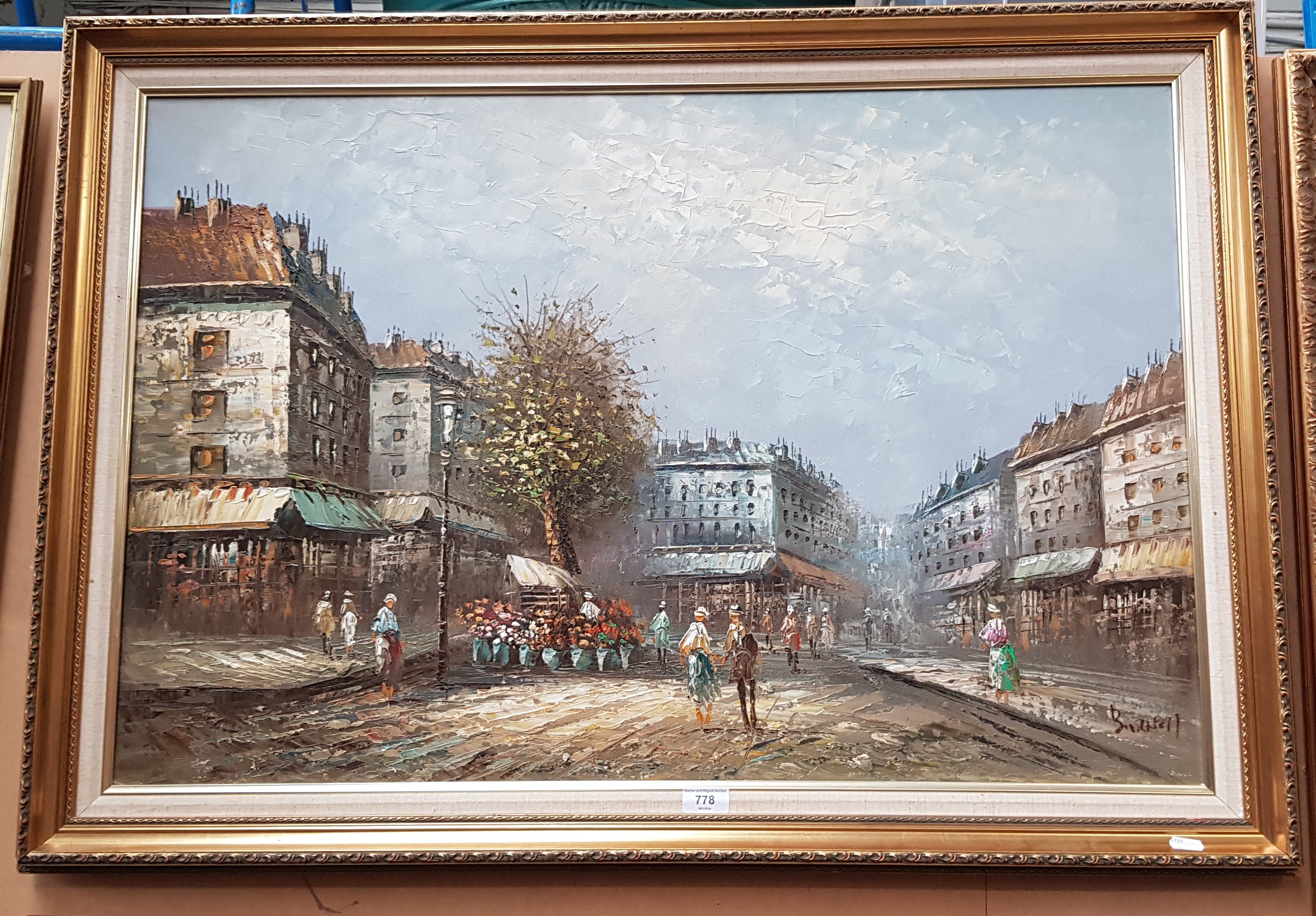 20th century school, oil on canvas after Burnett, continental street scene, 90cm x 60cm, gilt frame.