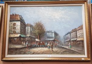 20th century school, oil on canvas after Burnett, continental street scene, 90cm x 60cm, gilt frame.