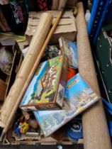 A box of collectables and a box of cutlery together with local maps Parbold and Orrell and a walking