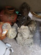 4 concrete garden ornaments - rabbit, duck, frog and reclining figure