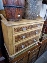 A Victorian pine chest of drawers with pressed glass handles and original scrumble finish..