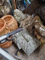 4 concrete garden figures comprising of 2 x children on plynths, Buddha & a cottage.