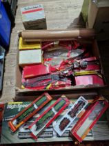 A box of model railway items to include 3 Hornby locomotives with tenders (R.357,2 x R.322),