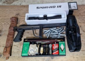 A box of assorted items comprising of 2 sighting scopes (Albar 8x56 no.0100242 & a Hawke sport-hd ir