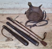 A box of assorted militaria comprising of a French WWII water bottle, 2 vintage hardwood