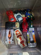 A box of ten various Scalextric cars (as found).