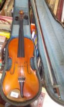 A student violin, 20th century, with bow and hard case.