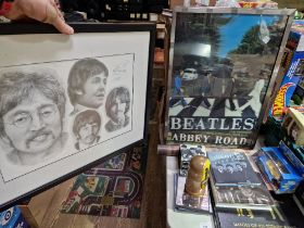 A collection of Beatles memorabilia to include 2 x 3d framed posters, a Jonathan Wood drawing print,