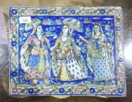 A Qajar tin glazed earthen ware panel depicting three female figures, late 19th century, 38cm x