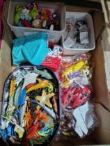 A box of toys comprising 5 Digimon figures (Bandai 2001/02), a tin of sea creatures, 5 Bluebird