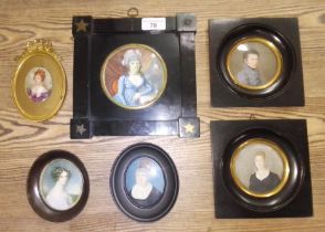 A group of five painted portrait miniatures and another, 19th century, largest frame 20cm x 20cm.