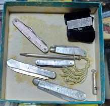 A mixed lot of silver items comprising whistle, propelling pencil, black velvet bracelet and five