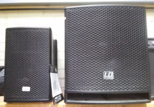 An LD Systems Dave G3 Series PA system comprising 15G3 sub and pair of 12G speakers.