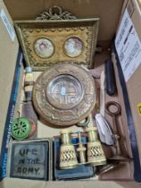 A mixed lot of collectables including penknives, horn handled knife, glass magic lantern slides,
