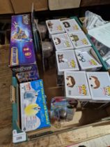 A box of toys comprising 8 Funko Pop figures (Guardians of the Galaxy, Stranger Things, Back to