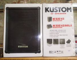 A pair of Kuston KSE12 PA speakers together with an FCS MC150 CD and DVD player, two mics and