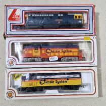 Three H0 scale engines comrising of 2 x Bachmann EMD F9 diesels & a Lima 205115 MWG, all in original