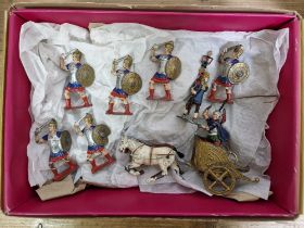 A set of Jo Hill Co, painted cast metal Roman figures comprising a two horse chariot and charioteer,