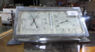 A 1930s Art Deco chrome weather station with clock and barometer, length 29cm.