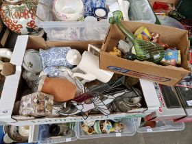 A box of assorted ceramics and glass including a Clarice Cliff coffee can.