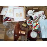 A box of glassware and a copper lamp, a box of collectors teapots, and a box of alphabet pictures