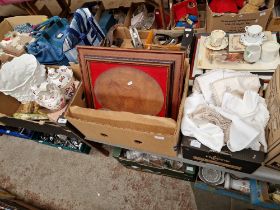 A box of pottery including Aynsley, a box of prints including Beatie, and a box of linen.