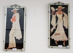 A pair of 1930s decorative pictures on glass depicting dancers.