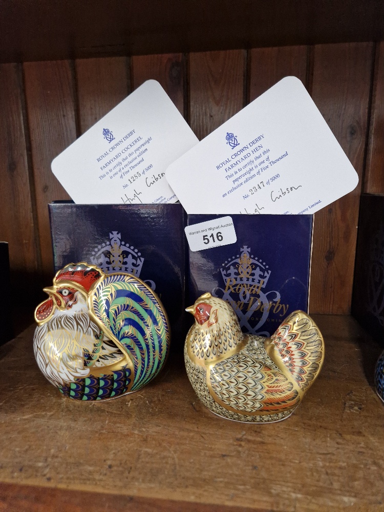 Two Royal Crown Derby paperweights; Limited edition Farmyard Cockerel 1285/5000, gold stopper,