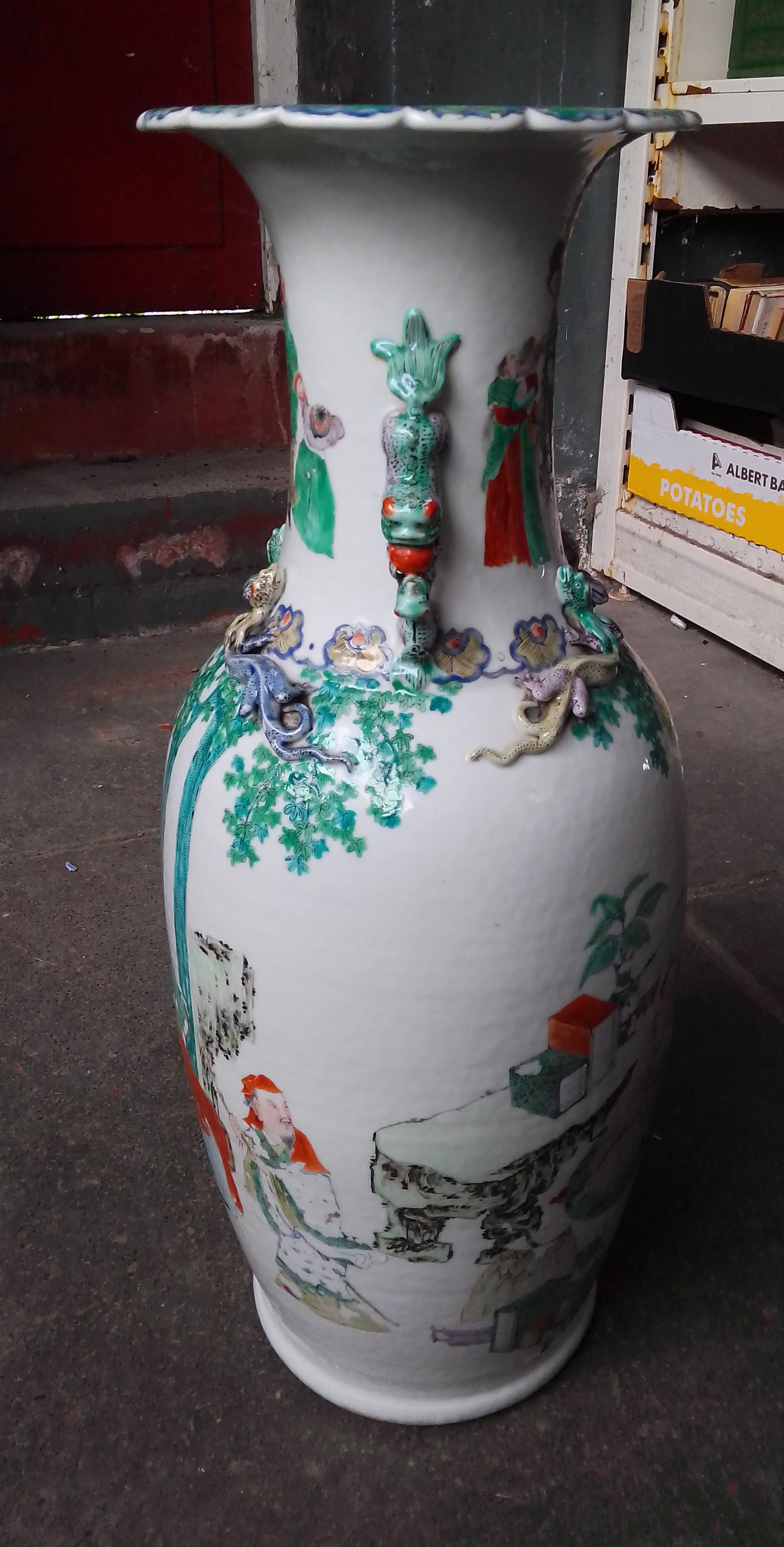 A Chinese porcelain vase, decorated in over enamels, dog handles and applied lizards, 19th - Image 2 of 11