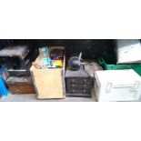 Tools to include bench grinder, oil cans, 3 metal containers, Bosch circular saw, 2 toolboxes with