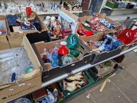 Four boxes of coloured and clear glassware including decanters, glasses, vases etc by Caithness...