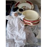 Box of pottery and a bisque headed doll