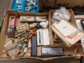 A box of assorted collectables including a Parker pen, pipes, miniatures, cards, stamps etc.