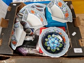 A box of assorted ceramics including a group of three Moorcroft pottery pin dishes, hors d'oeuvres