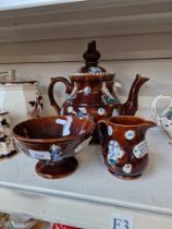 Bargeware glazed teapot and two other pieces
