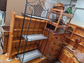 A mixed lot comprising mid 20th century teak trolley, a wooden bookcase and a metal shelving unit.