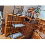 A mixed lot comprising mid 20th century teak trolley, a wooden bookcase and a metal shelving unit.