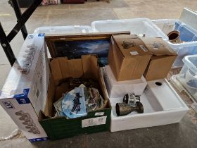 A mixed lot of household items including a modern sink and tap, an oil painting, collectors