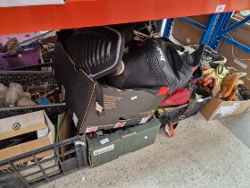 5 boxes of assorted garage misc. including motorcycle gear.