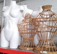 A group of 5 mannequins comprising of 3 plastic & 2 wicker.