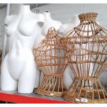 A group of 5 mannequins comprising of 3 plastic & 2 wicker.