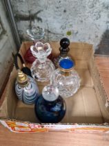 Six vintage Art glass perfume bottles to include SC crystal, iridescent & guilloche enamel top.