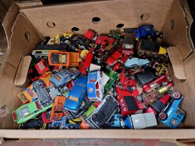 Box of model vehicles including Corgi, Matchbox etc.