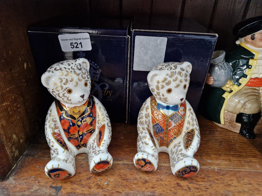 Two Royal Crown Derby paperweights modelled as Teddy Bears. Teddy Bear Blue Bow Tie, stopper,