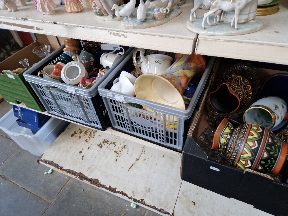 Four boxes of assorted pottery, china, metal ware and glass.