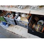 Four boxes of assorted pottery, china, metal ware and glass.