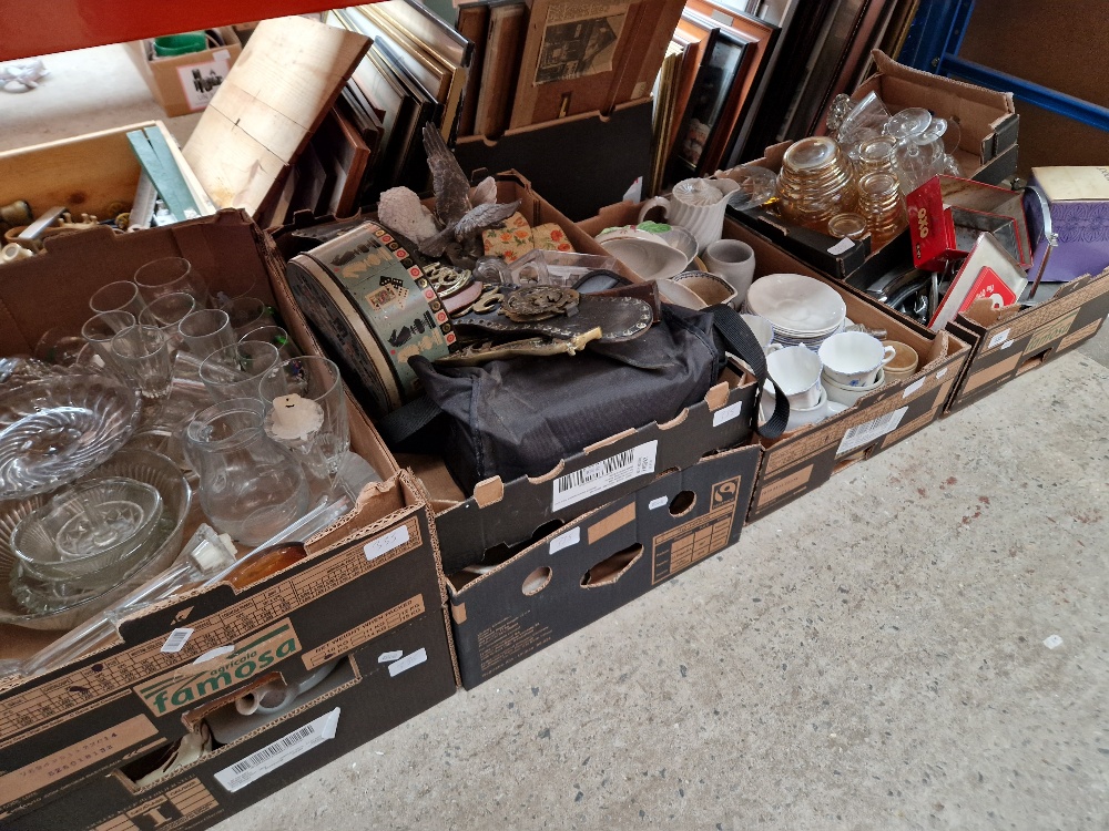 Seven boxes of pottery, glass, ornaments, metalware, etc.
