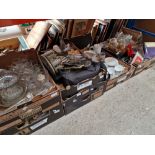 Seven boxes of pottery, glass, ornaments, metalware, etc.