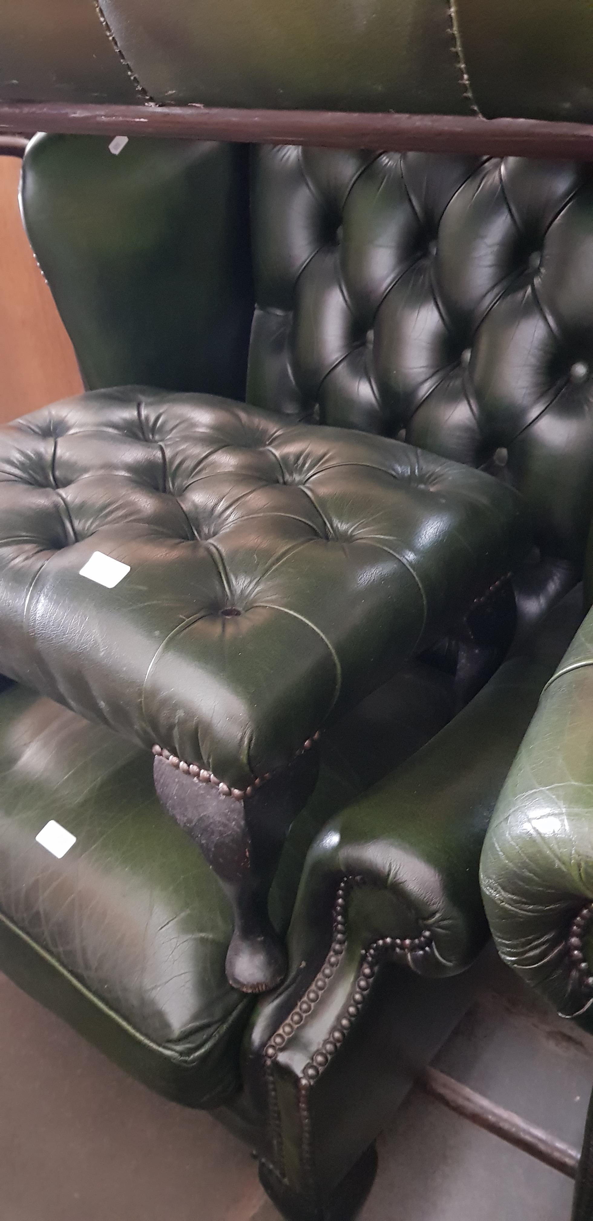 A green leather Chesterfield suite comprising three seater sofa, club chair, wingback armchair and - Image 4 of 4